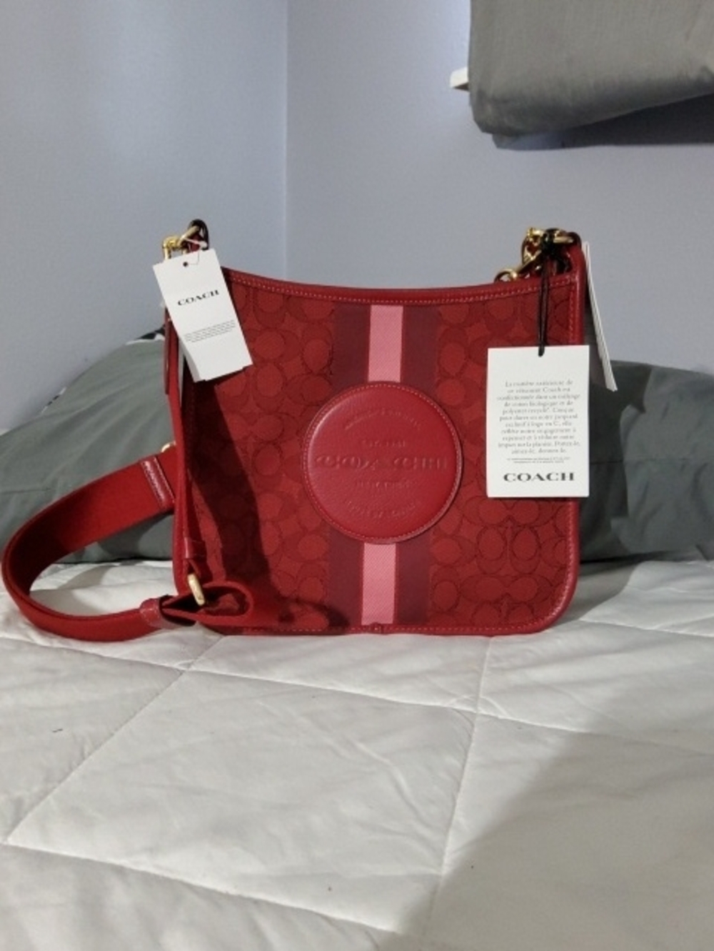 Coach Red Signature Canvas Crossbody with Pink Stripe